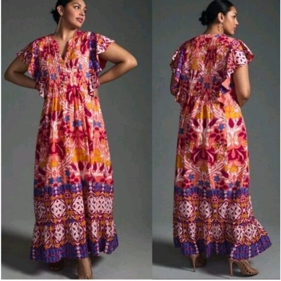 Medium Anthropologie Maeve Cassandra Maxi Flutter Sleeve Dress Boho Southwestern - Picture 7 of 7